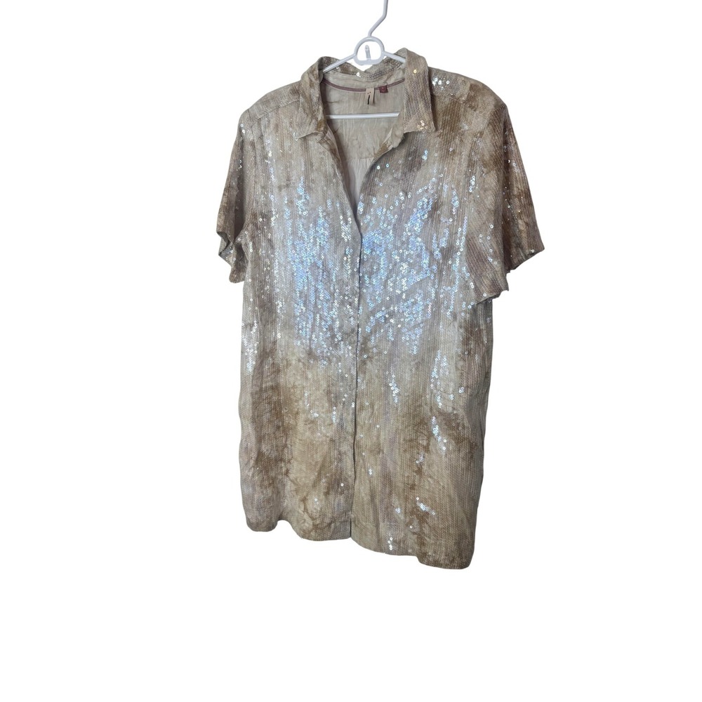 Dolan Dress Womens XL Beige Sequin Tie Dye Collared Shirt Button Front Mini